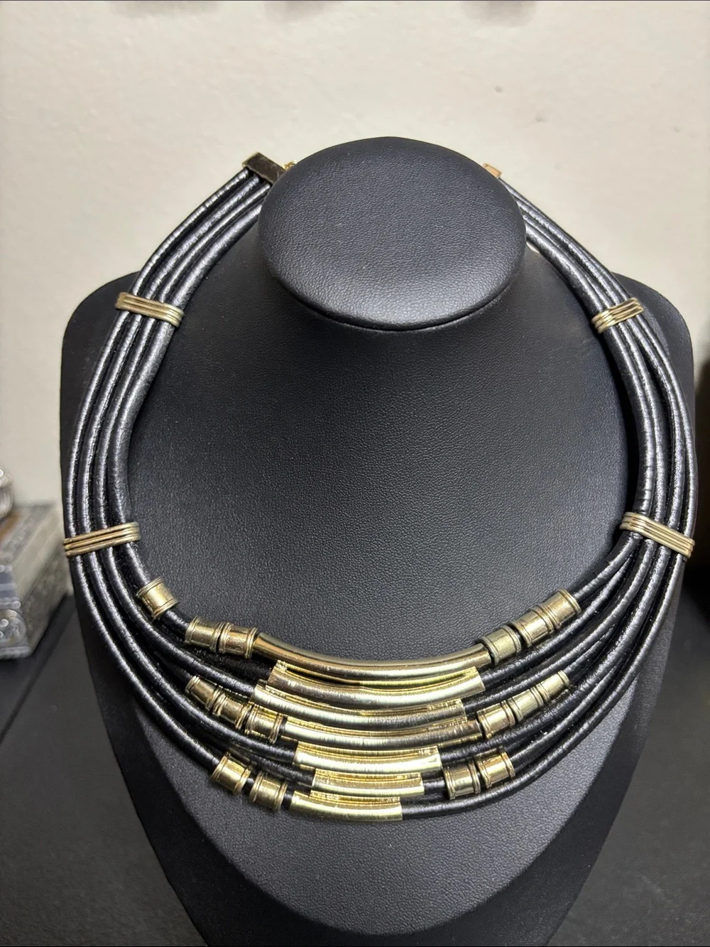 Express Black Leather Gold Tone Statement Edgy Collar Necklace